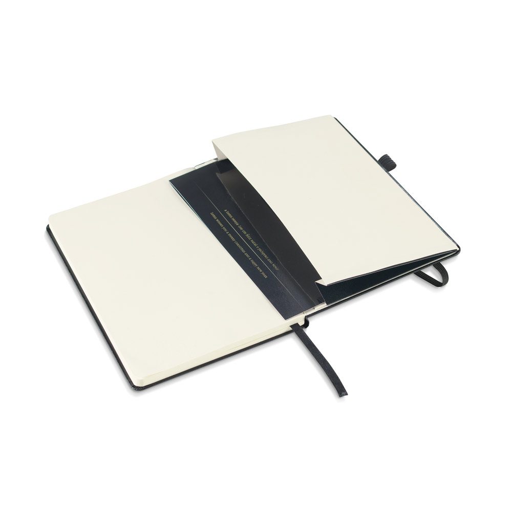 L’intérieur du carnet : pages lignées ivoire, pochette et porte-stylo