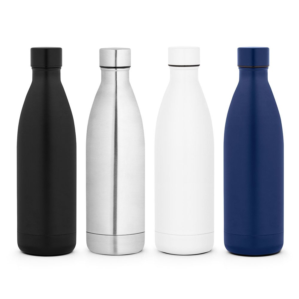 La gourde isotherme 1 litre en noir, inox, blanc et bleu marine