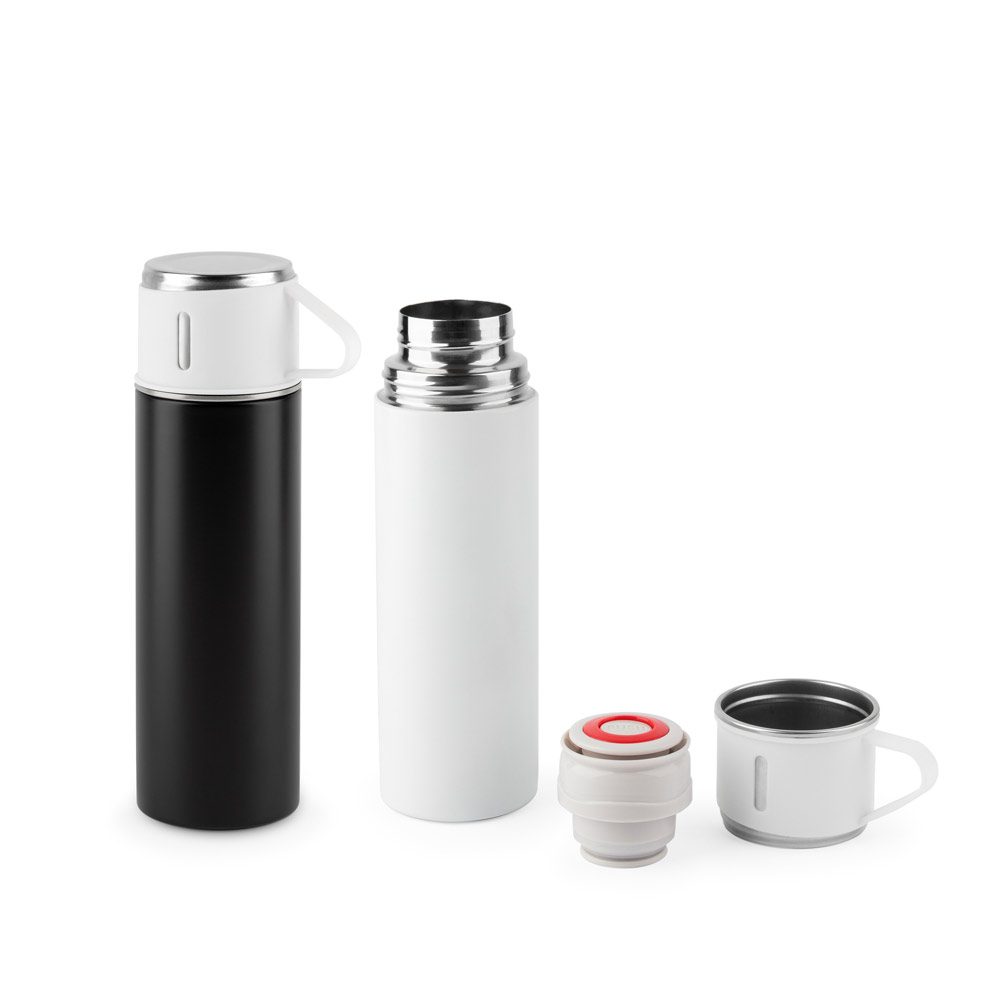 La gourde isotherme 490 ml en noir et en blanc, avec son gobelet