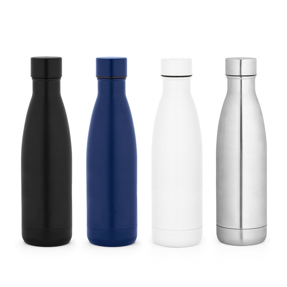 La gourde isotherme 520 ml en noir, bleu marine, blanc et inox