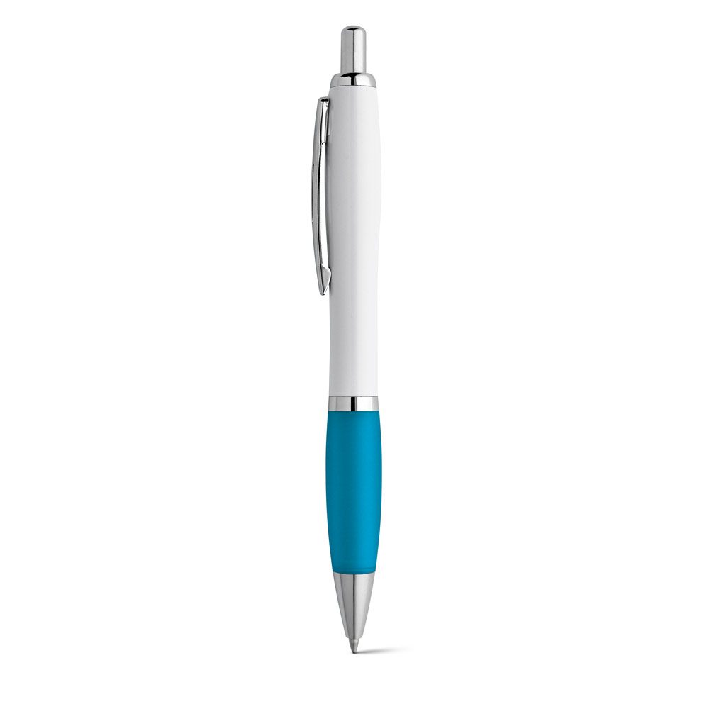 Stylo blanc à clip métal, grip Bleu clair