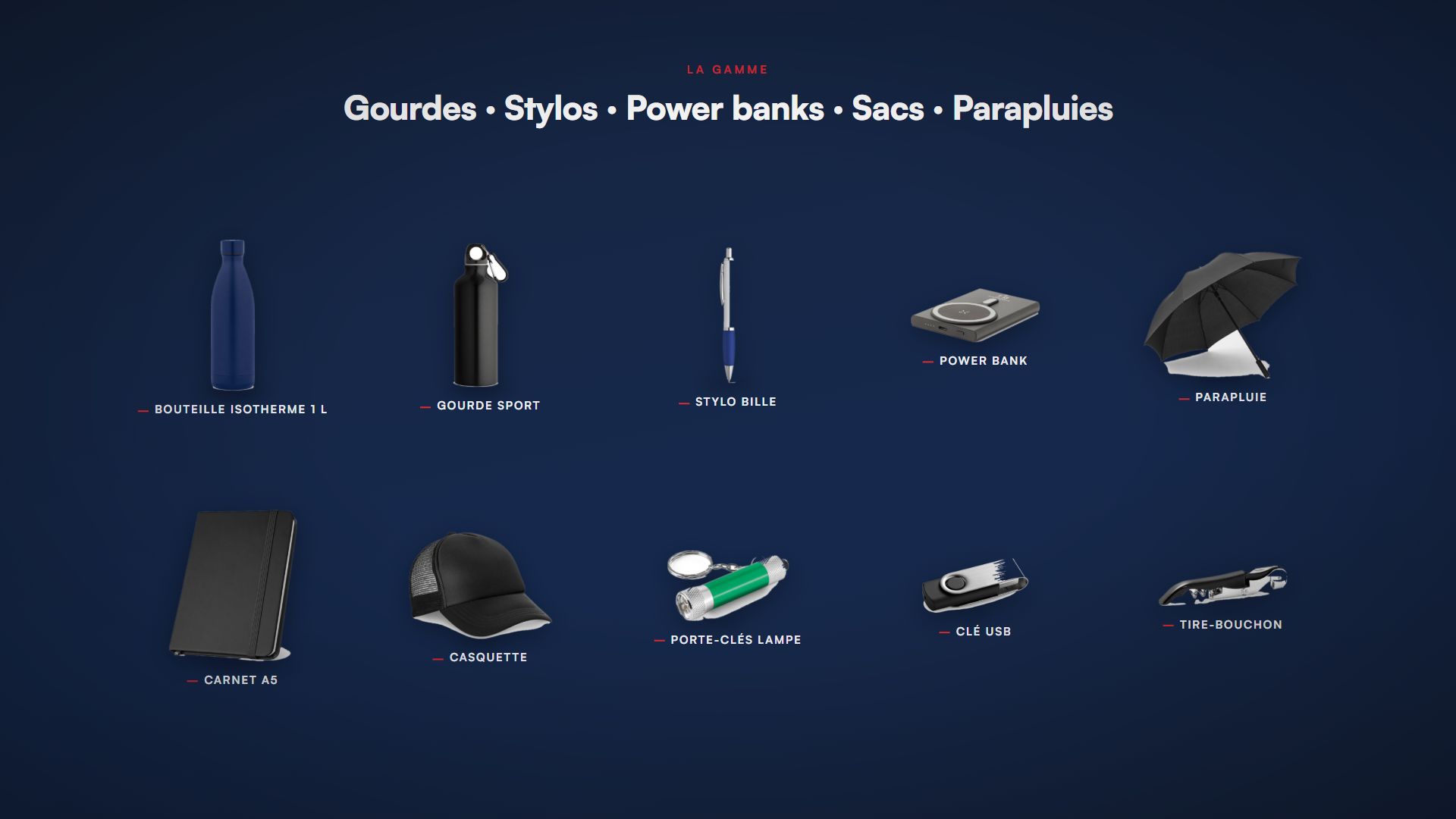 Objets personnalisés Marseille : bouteille isotherme, gourde, stylo, power bank, parapluie, carnet, casquette, porte-clés, clé USB et tire-bouchon